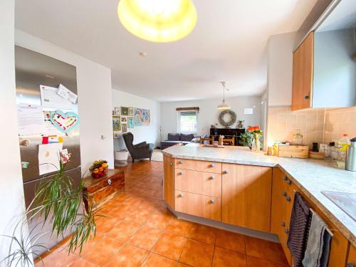 a kitchen with wooden cabinets and a large counter top at Ferienhaus im Gruenen Garten 6P in Rangsdorf