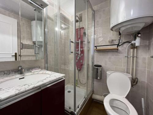 une salle de bain avec toilettes, lavabo et douche dans l'établissement Studio mezzanine 4 pers, climatisé, centre Gruissan - FR-1-229-879, à Gruissan
