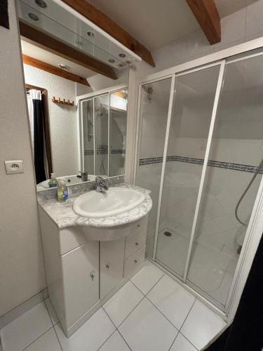 une salle de bain avec un lavabo et une douche dans l'établissement Château de Montpon - 8 pers - Family et Kids Friendly, à Alby-sur-Chéran