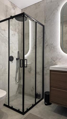 a bathroom with a shower and a toilet and a sink at EVA boutique apartments in Vilnius