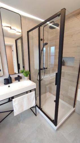 a bathroom with a shower and a white sink at Stylish Riga Old Town getaway in Riga