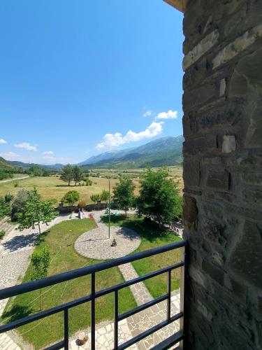a balcony with a view of a park at Kutal Park Inn Hotel in Përmet