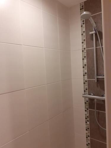 a bathroom with a shower with white tiles at couet et cafe in Seigy
