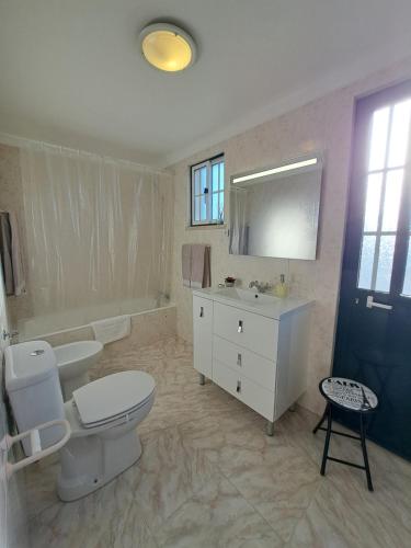 un bagno con un water, un lavandino e uno specchio di Quinta Rural em Coruche com piscina privativa a Coruche