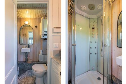 two pictures of a bathroom with a toilet and a shower at Nature lovers Amsterdam Zaandam in Wijdewormer