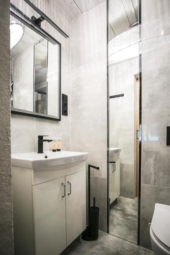 a bathroom with a sink and a mirror and a shower at Domek Nad Rzeka in Radawa