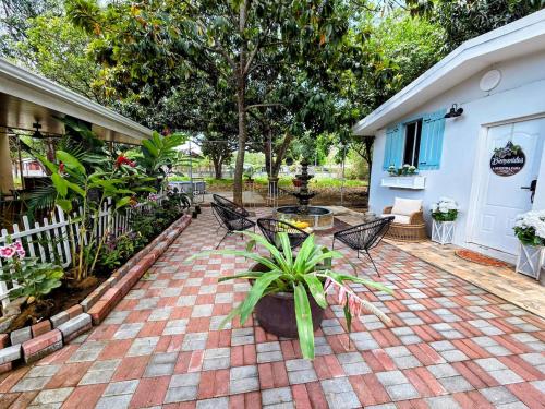 a patio with two chairs and a potted plant at Nica Mango Tree Casa in Managua
