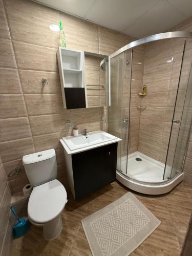 a bathroom with a toilet and a shower and a sink at Apartment Premier Fort Beach hotel F1 420 in Sveti Vlas