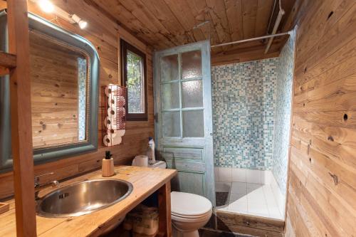 une salle de bain avec un lavabo et des toilettes dans l'établissement Petite maison de bois, à Banyuls-dels-Aspres