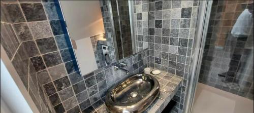 La salle de bains est pourvue d'une douche et de toilettes en métal. dans l'établissement Le 303 Appartement familial 4 personnes Deauville, à Deauville