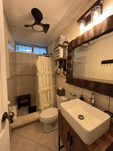 a bathroom with a white toilet and a sink at Nica Mango Tree Casa in Managua