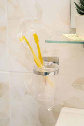 a plastic container with toothbrushes in it on a counter at Aragona Bed & Breakfast in Santa Maria a Vico
