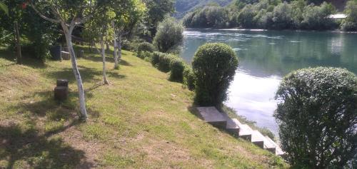 a row of trees on the side of a river at Prenoćište na Drini-Vikendica 2 in Foča