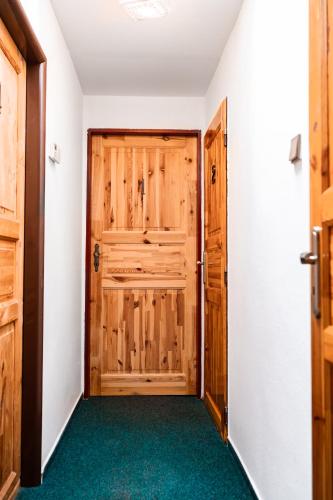 a hallway with wooden doors and a green carpet at Ubytování Česká Skalice in Česká Skalice