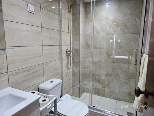 a bathroom with a shower and a toilet and a sink at Blife Benya private apartment in Faro