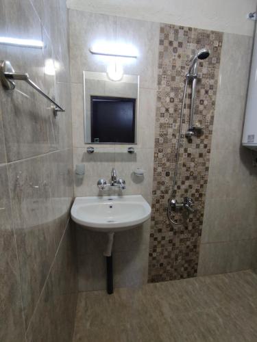 bagno con lavandino, doccia e TV di Кулинарна къща за гости СОФРИЦА a Hvoyna