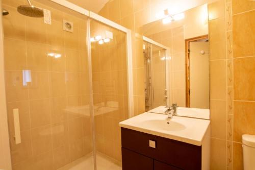 une salle de bain avec une douche, un lavabo et un miroir dans l'établissement La mounerie, à Finsac