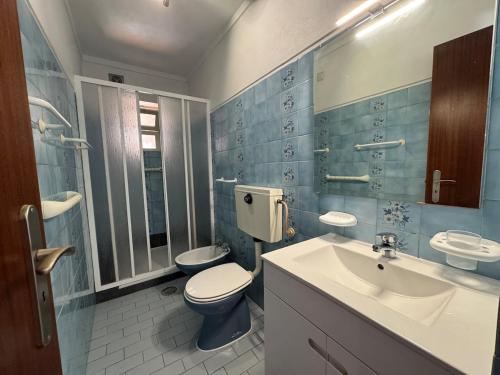 a bathroom with a toilet and a sink and a mirror at Casa Outeiro Polo 1 in Marinhas