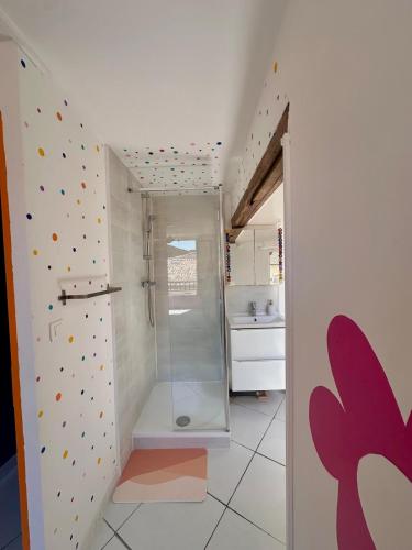 a bathroom with a walk in shower next to a sink at POP HOUSE - Appartement coloré et fun en Camargue in Saint-Gilles