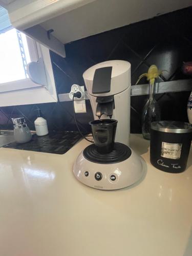- une cafetière installée au-dessus d'un comptoir de cuisine dans l'établissement Charmante maison 3 chambres, à Cucq