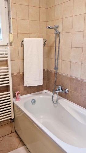 a bathroom with a tub with a shower and a towel at Apartment in Cavle 54436 in Čavle