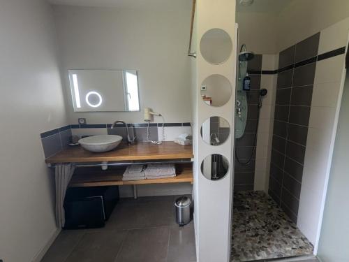 a bathroom with a sink and a shower at Au Saint-Amand in Poissons