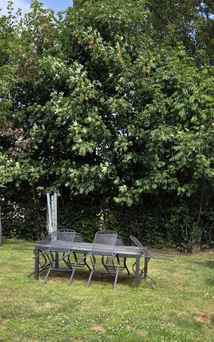 a picnic table and two chairs next to a tree at Ferienwohnung nahe Elsterwiese in Zeitz