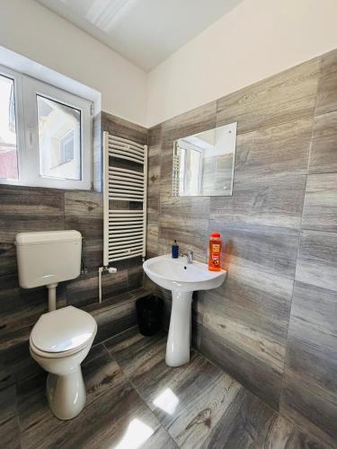 a bathroom with a toilet and a sink at Iancu Apartments in Bucharest