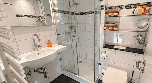 a bathroom with a shower and a sink and a toilet at Sommertraum im 3 Jahreszeiten in Norderney
