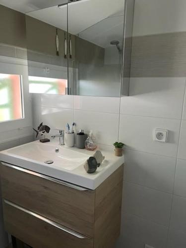une salle de bain avec un lavabo et un miroir dans l'établissement Maison mitoyenne avec beau jardin proche lac, à Biscarrosse