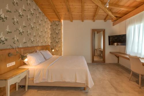 a bedroom with a bed and a desk in a room at Liadromia Hotel in Patitiri