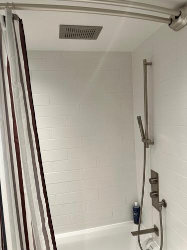 a shower in a bathroom with a shower curtain at Executive Studio in Vancouver