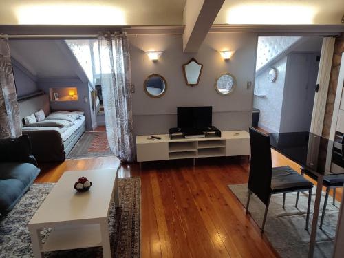 un salon avec un canapé et une télévision dans l'établissement Appartement Riviera Palace, à Menton