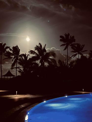 a night view of a swimming pool on a beach with palm trees at The Potlatch Club Boutique Hotel in Governorʼs Harbour