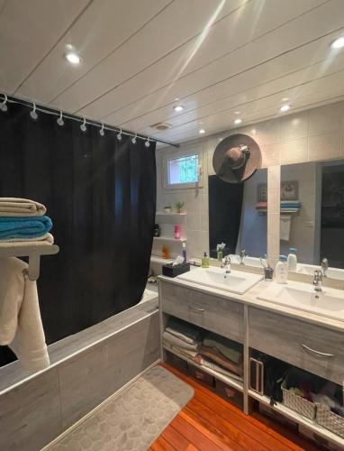 une salle de bain avec deux lavabos et un grand miroir dans l'établissement Délice du maquis Corse, à Porto-Vecchio