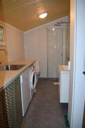 a bathroom with a sink and a washing machine at Skogshytte in Bjordal