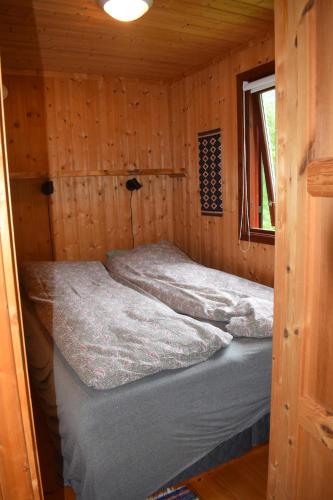 two beds in a wooden cabin with a window at Skogshytte in Bjordal