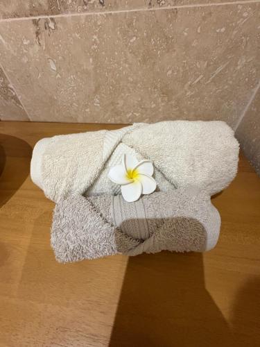 a towel with a flower on top of it at Le Christina in Saint-Paul