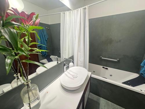 a bathroom with a toilet and a sink and a mirror at Sesimbra Universal in Sesimbra