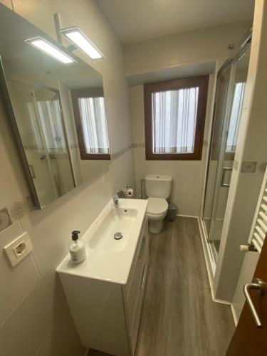 a bathroom with a sink and a toilet and a mirror at Casa Rural Boni in Fuentemolinos