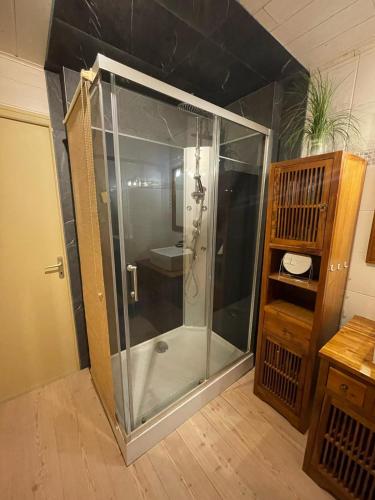 une douche avec une porte vitrée dans une pièce dans l'établissement Le Balcon de Juliette, à Vuillafans