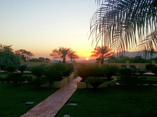 a sunset over a garden with palm trees and a sidewalk at Visconte Ditalia Hotel e Eventos in Nova Hartz