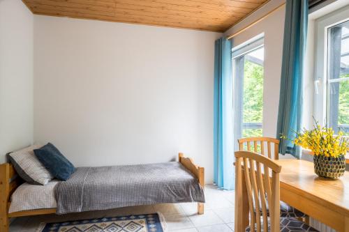 a room with a bed and a table and window at Skały Spały in Przesieka