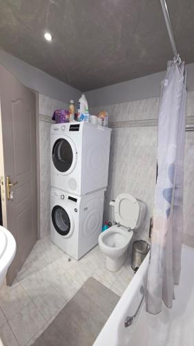 a bathroom with a toilet and a washing machine at Dimitris gerakas apartment in Mesochórion