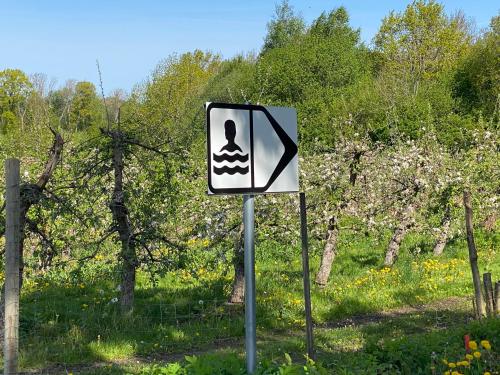 a sign with a swimmer on it in a field at PALEO House in Kristianstad
