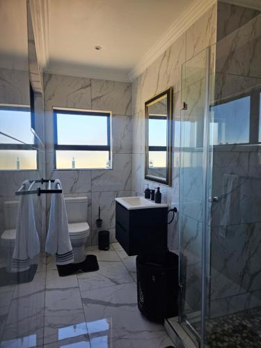 a bathroom with a sink and a toilet and a shower at Gillino Vaal River Luxury Retreat in Sasolburg