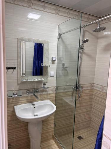 a bathroom with a sink and a glass shower at Avlod Guest House in Samarkand