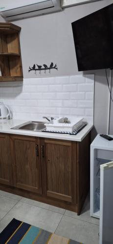 una cocina con fregadero y estufa en Firehouse guest suite no 3, en Wellington