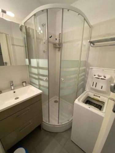 La salle de bains est pourvue d'une douche, d'un lavabo et d'une cuisinière. dans l'établissement Le Désirade proche mer, à La Ciotat