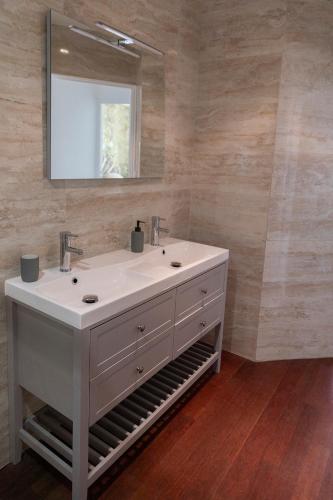 une salle de bain avec un lavabo et un miroir dans l'établissement Authentique 2 chambres, Hyper centre, french Corner, à Troyes